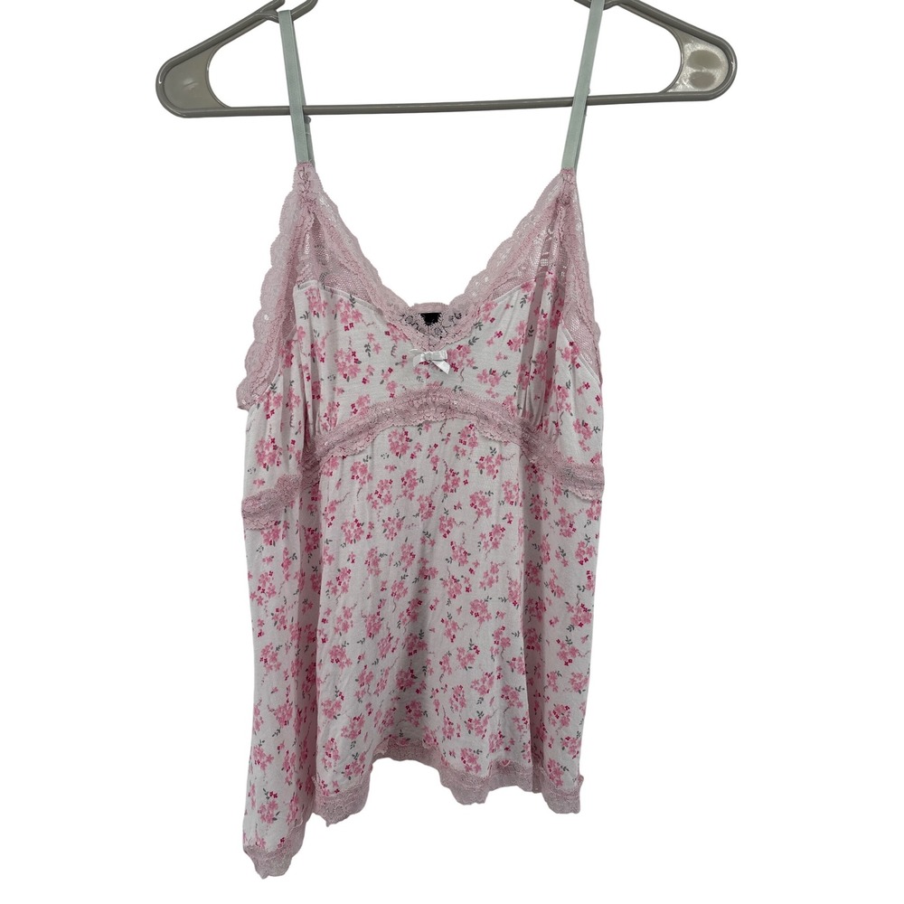 Pink Floral Lace Trim Camisole Top V-Neck Bow Accent Sleeveless Tank Shabby Chic